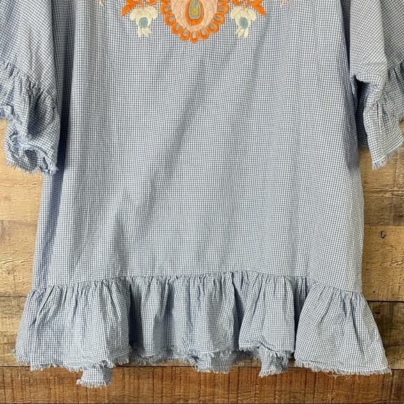 Zara Woman White Blue Gingham Check Print Floral Embroidered Tunic Top SZ Medium - Picture 3 of 11